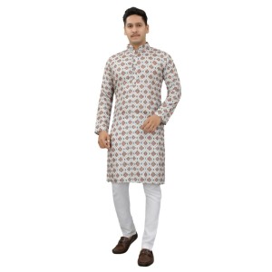 Men's Multi Color Full Sleeves Mandarin Collar Printed Ethnic Kurta Set