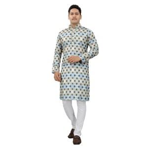 Men's Multi Color Full Sleeves Mandarin Collar Printed Ethnic Kurta Set