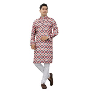 Men's Multi Color Full Sleeves Mandarin Collar Printed Ethnic Kurta Set