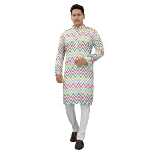 Men's Multi Color Full Sleeves Mandarin Collar Printed Ethnic Kurta Set