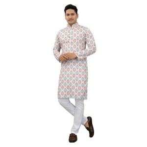 Men's Multi Color Full Sleeves Mandarin Collar Printed Ethnic Kurta Set