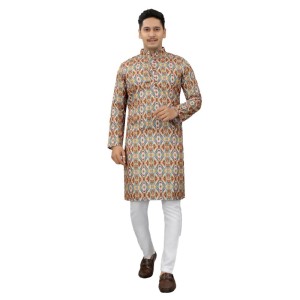 Men's Multi Color Full Sleeves Mandarin Collar Printed Ethnic Kurta Set