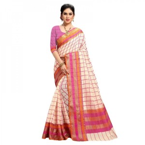 Women's Kota Doria Cotton Bordered Saree With Blouse